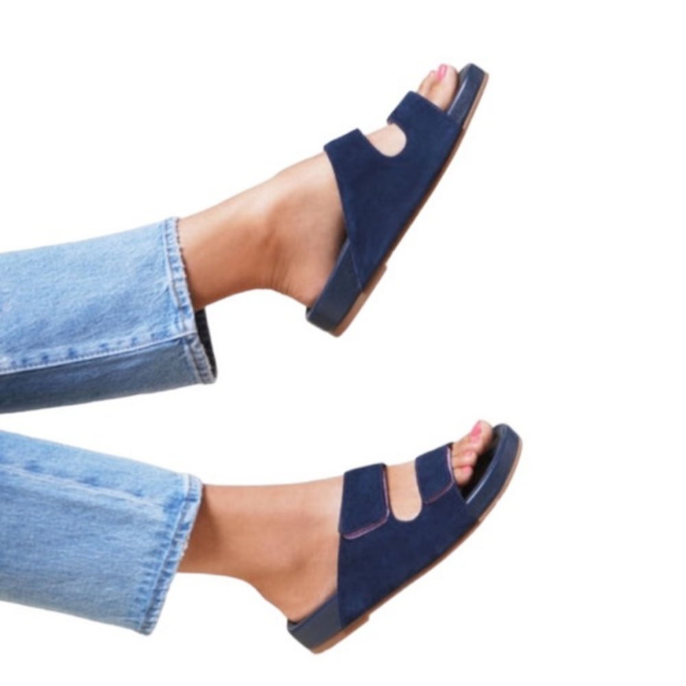 Charlotte Stone Lewie Navy Blue Suede Velcro Slip On Slides‎ Sandals Size 5